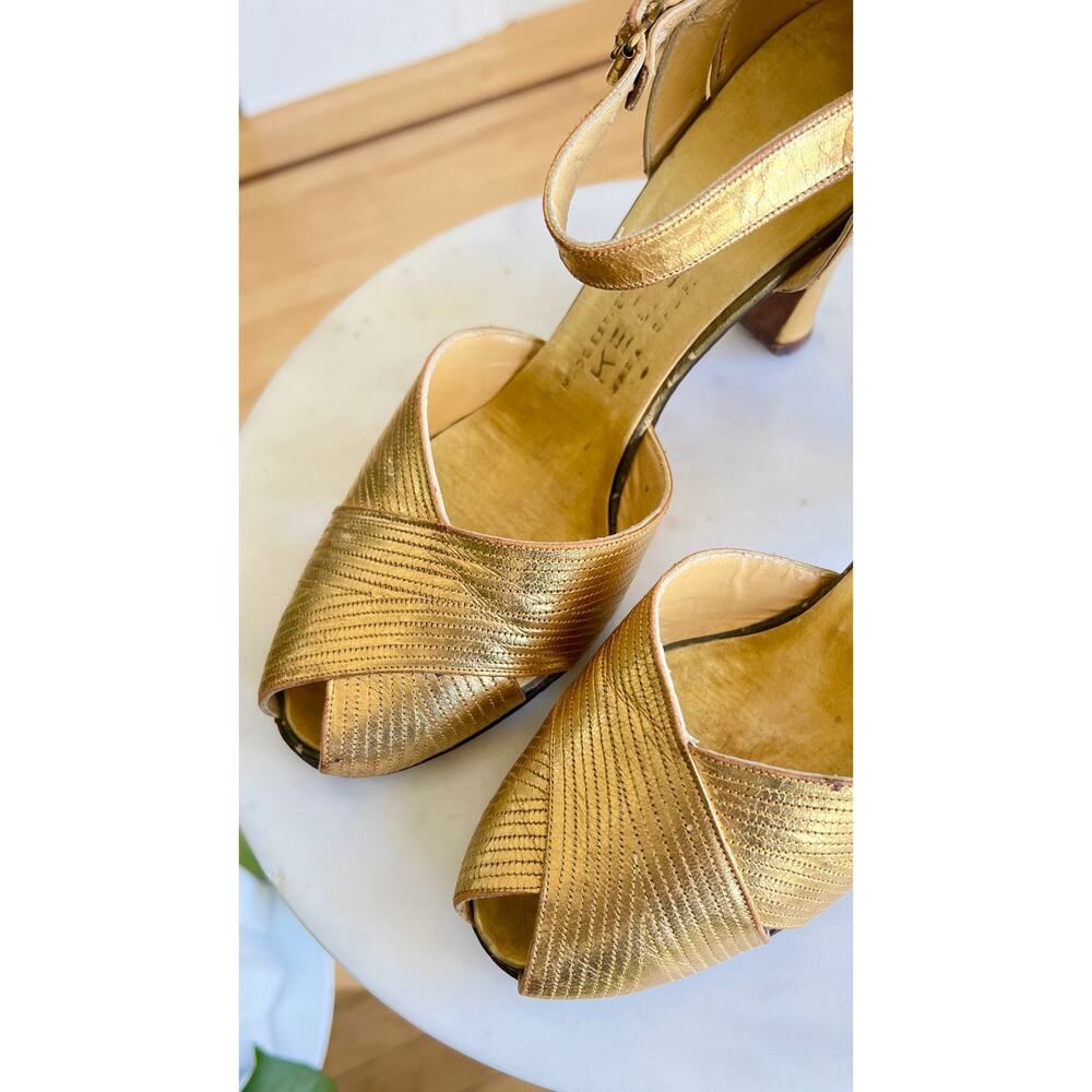 Vintage 1930s Shoes 30s Gold Leather Art Deco High Heels size US 5 - Picture 6 of 10